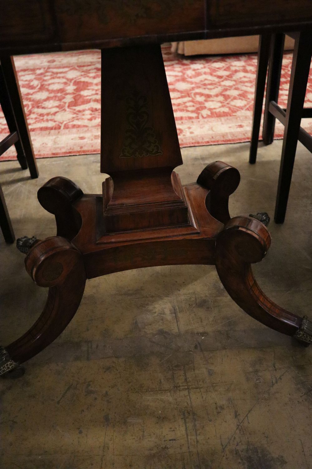 A Regency brass inlaid rosewood tea table, width 92cm, depth 46cm, height 75cm